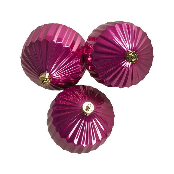 Raspberry Pink Geometric Shaped Ribbed Shatterproof Baubles - Pack of 3 x 80mm
