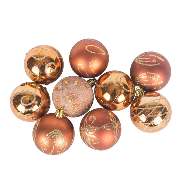 Pack Of Copper Decorated Shatterproof Baubles - 9 X 60mm
