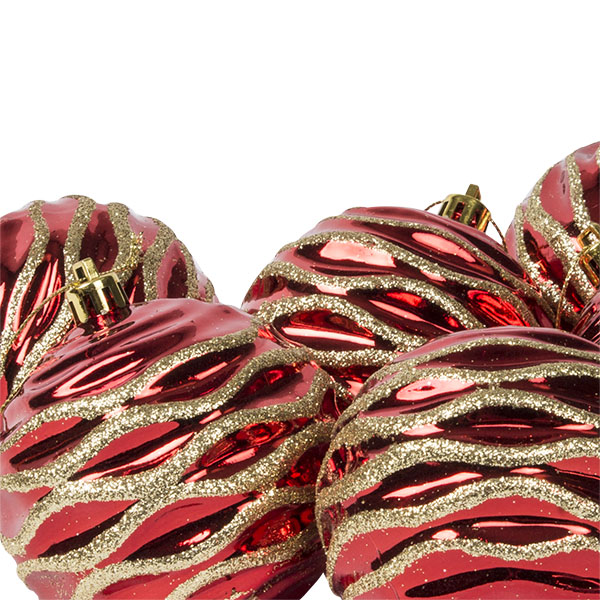 Red Rippled Shatterproof Baubles With Glitter Pattern - Pack of 6 x 80mm