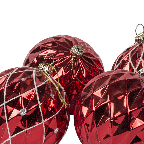 Shatterproof Red Facetted Christmas Baubles - Pack Of 4 X 80mm