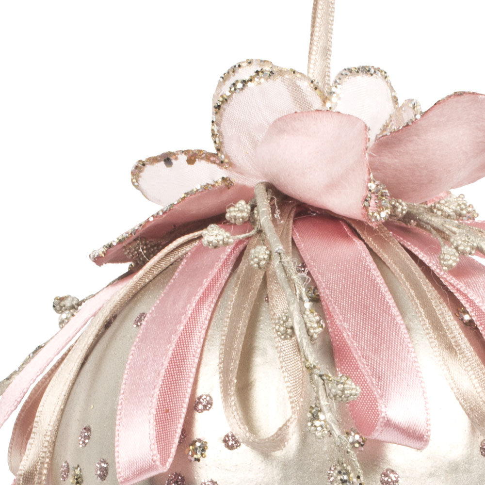 Decorative 100mm Bauble With Flower And Ribbon Detail - Dusky Pink & Platinum