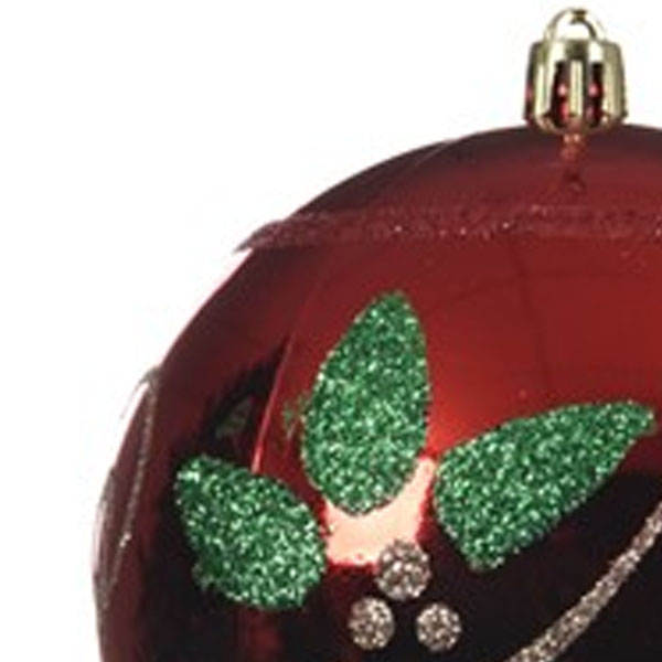 Red Shiny Shatterproof  Bauble With Glitter Berries & Leaves Design - 100mm