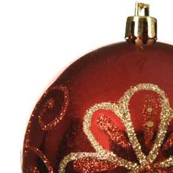 Red Shiny Shatterproof Bauble With Gold And Red Glitter Pattern - 80mm