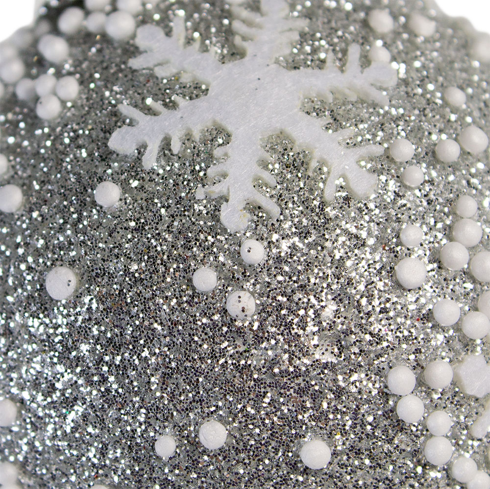 Silver Glitter Bauble With Snowflakes And Mini Snowballs - 80mm