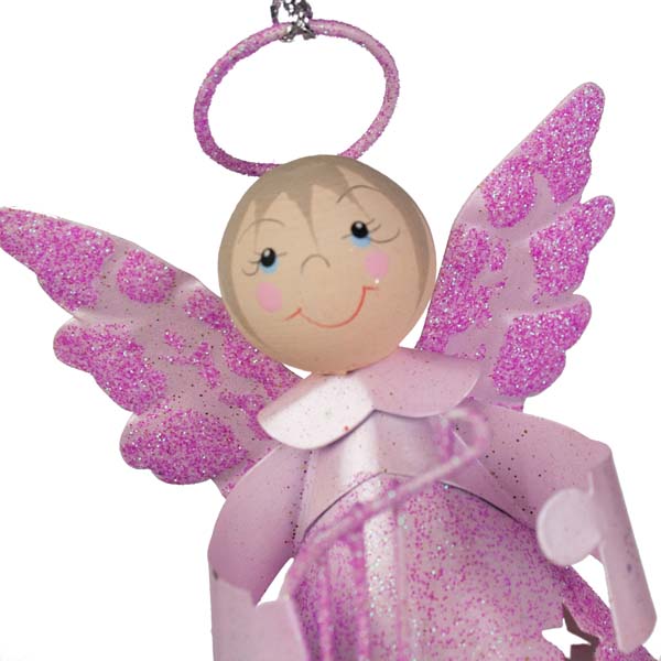 Glittered Pale Pink Metal Angel with Dangly Legs and Harp - 13cm