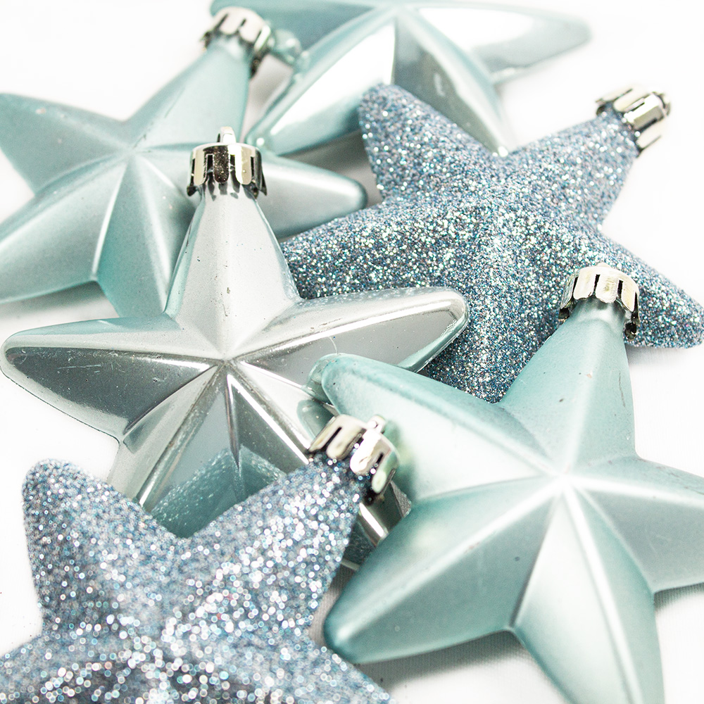 Pack Of 6 x 75mm Mixed Finish Shatterproof Star Hanging Decorations - Arctic Blue