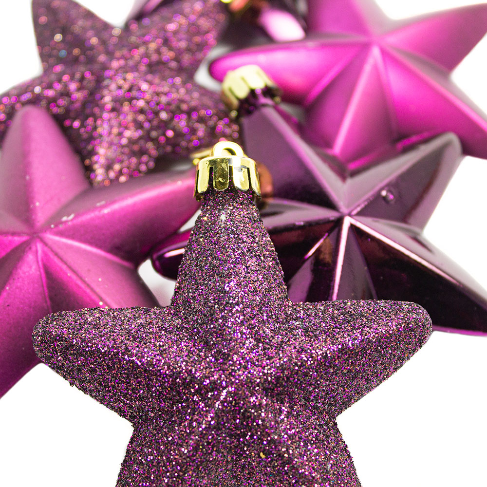 Pack Of 6 x 75mm Mixed Finish Shatterproof Star Hanging Decorations - Royal Purple