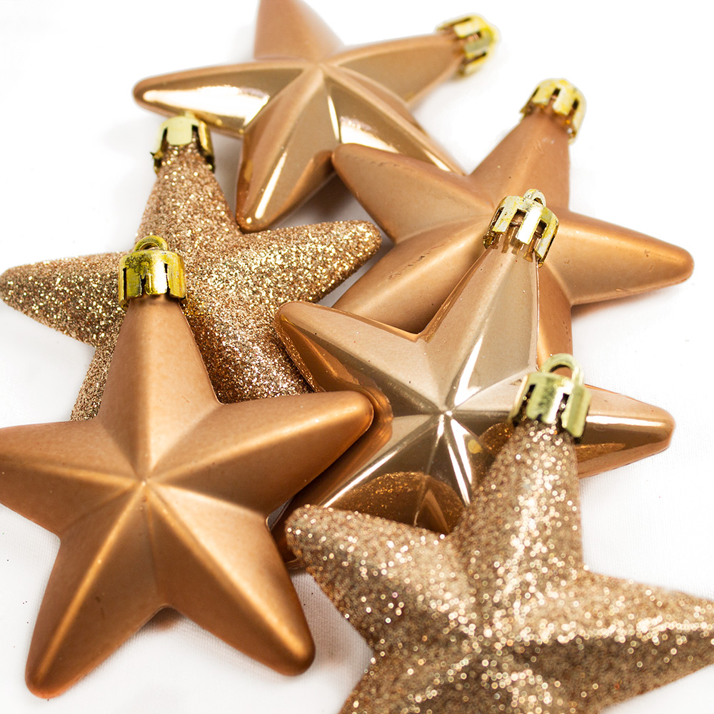 Pack Of 6 x 75mm Mixed Finish Shatterproof Star Hanging Decorations - Soft Caramel
