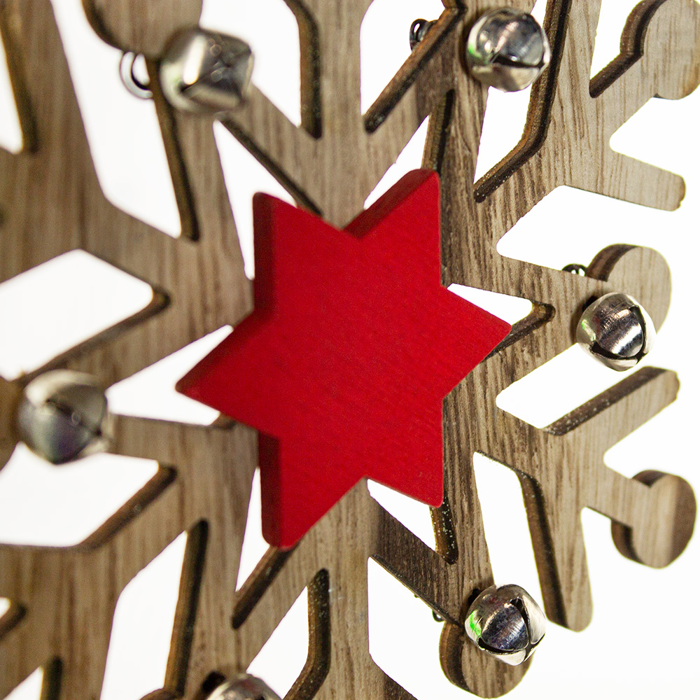Wood Snowflake With Bells & Red Centre - 15cm