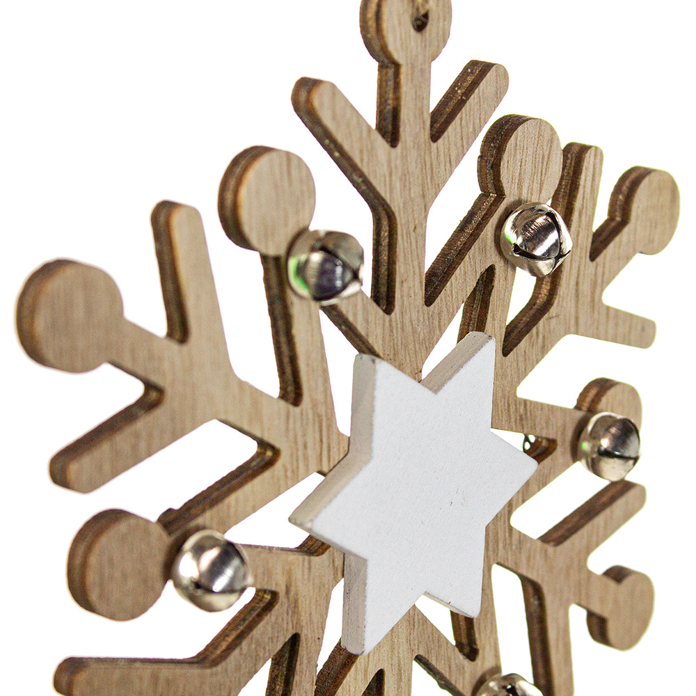 Wood Snowflake With Bells & White Centre - 15cm