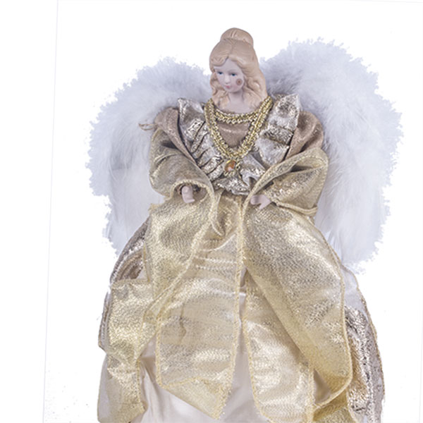 Gold Tree Top Angel With Feather Wings - 30cm