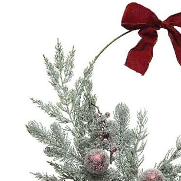 Frosted Foliage Wreath Hanger With Red Baubles And Ribbon - 55cm