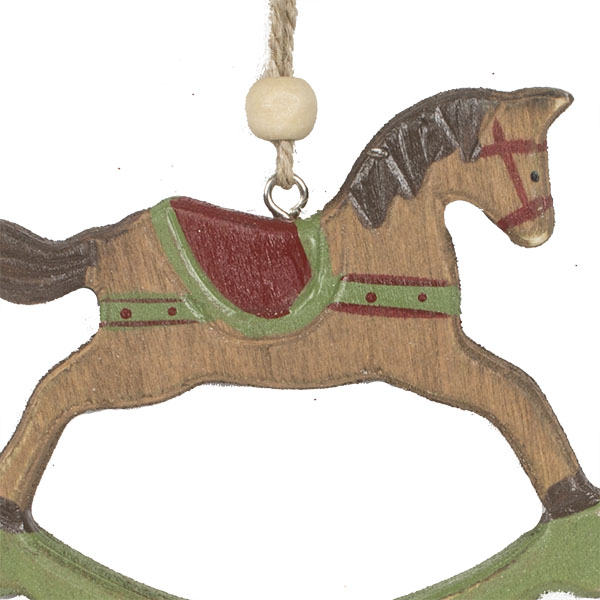 Large Brown & Green Wooden Rocking Horse Decoration - 25cm