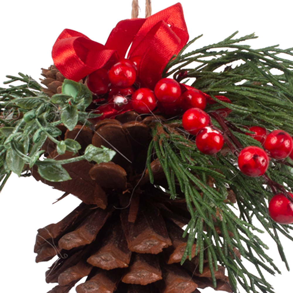 Natural Pine Cone Hanging Decoration With Red Berries - 20cm