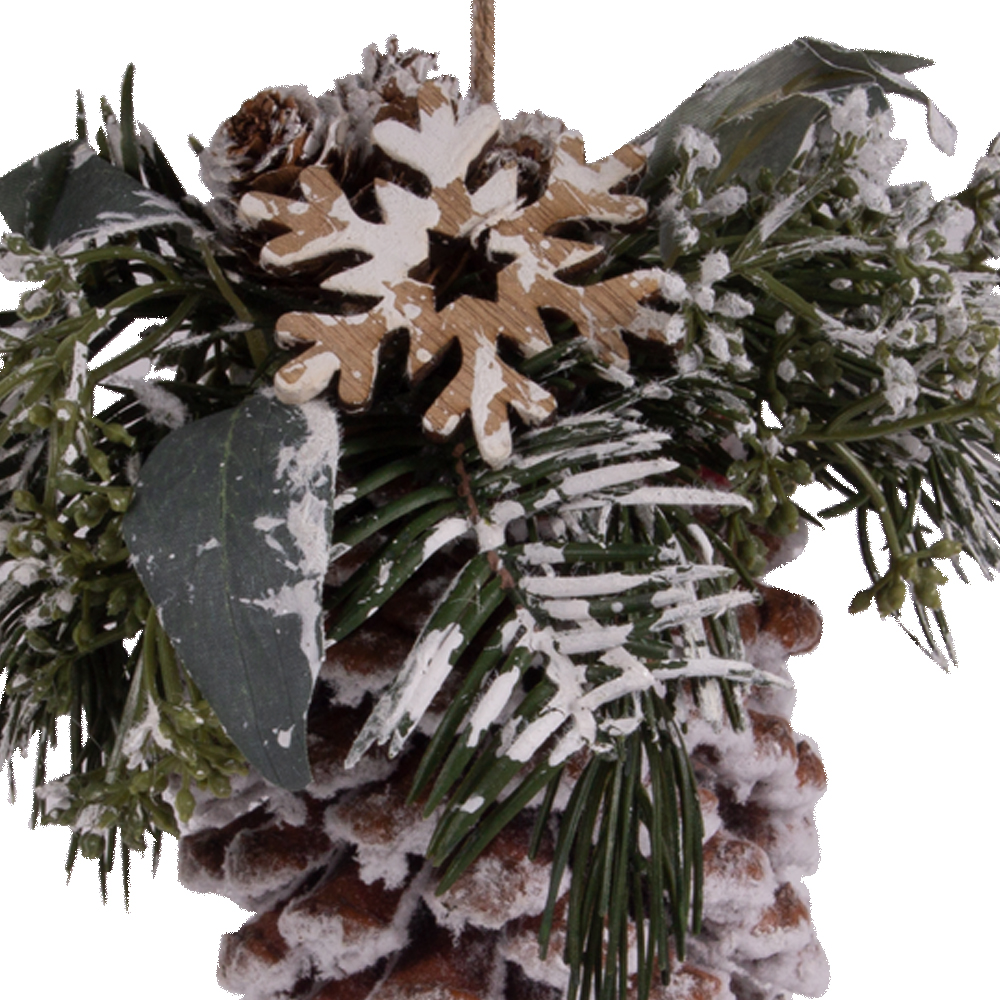 Natural Pine Cone Hanging Decoration With Frosted Finish and Snowflake - 20cm