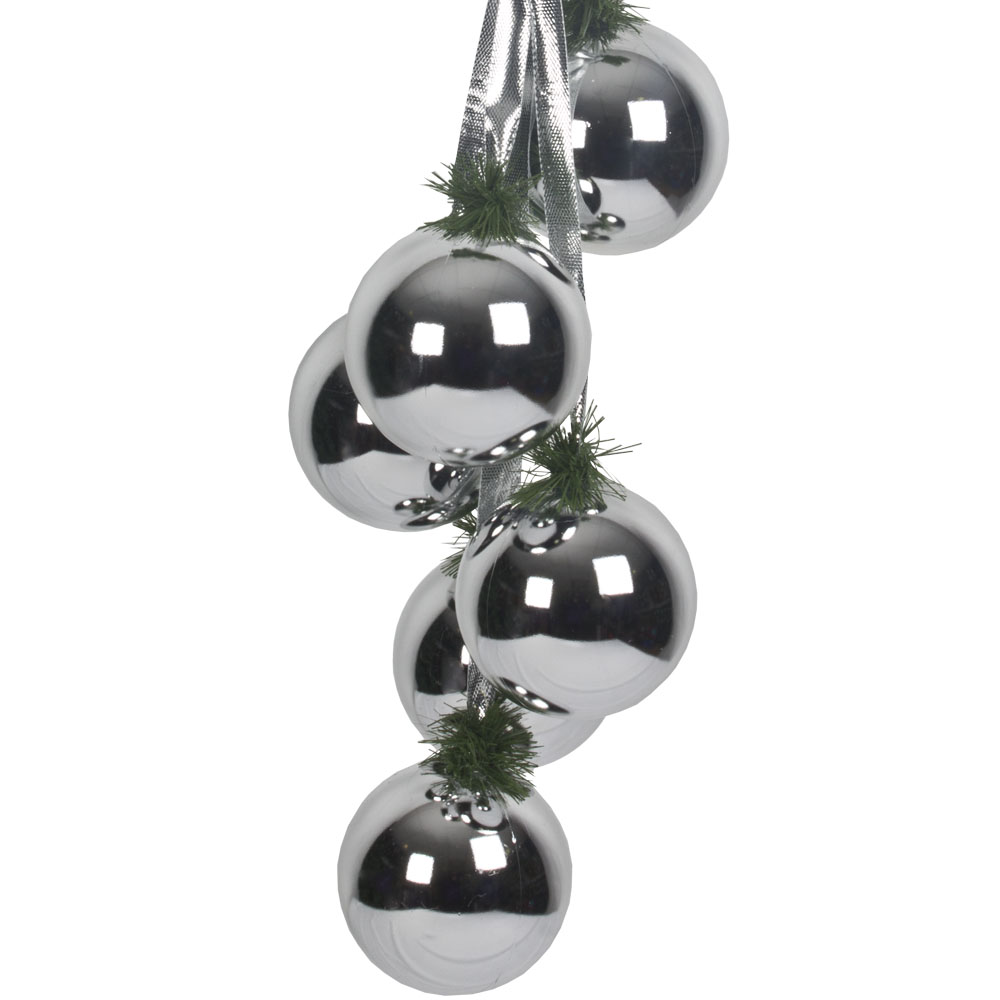 Cluster Of 6 x 100mm Silver Shatterproof Baubles With Green Pine Hanger