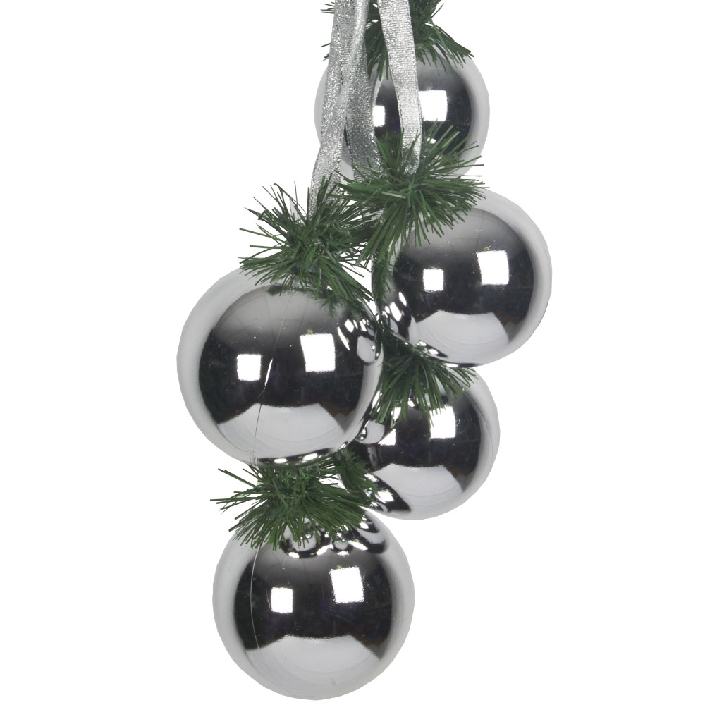 Cluster Of 5 Mixed Size Silver Shatterproof Baubles With Green Pine Hanger - 60mm & 70mm