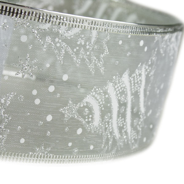 White With Silver Glitter Tree Design Wire Edged Sheer Ribbon - 6cm X 2.7m