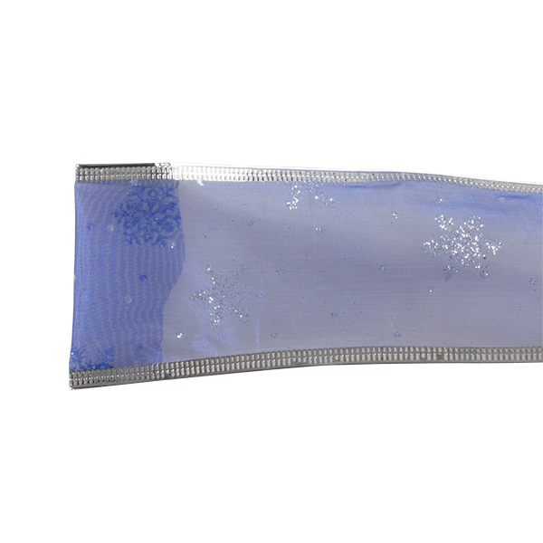 Blue With Silver Snowflakes Design Sheer Wired Edged Christmas Ribbon - 6cm X 2.7m