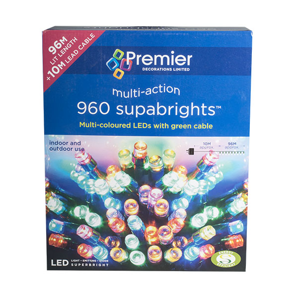 96m Length Of 960 Multi Coloured Multi Action Outdoor Premier Supabrights LED Fairy Lights Green Cable