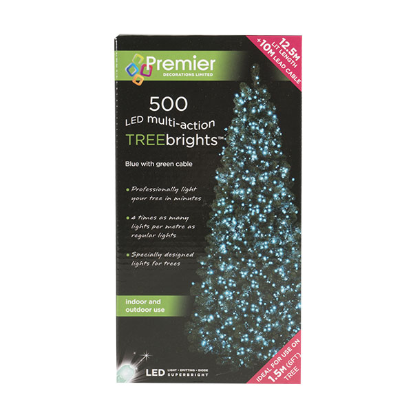 500 Blue Multi Action Outdoor Treebrights LED Fairy Lights On Green Cable