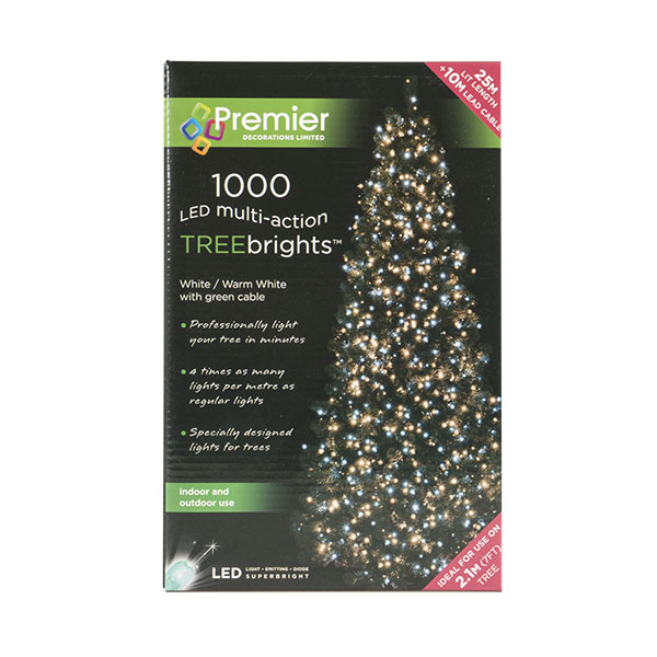 1000 Warm White With White Multi Action Outdoor Treebrights LED Fairy Lights On Green Cable