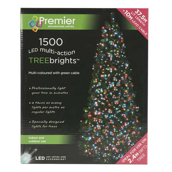 1500 Multi Coloured Multi Action Outdoor Treebrights LED Fairy Lights On Green Cable