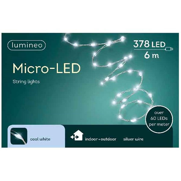 6m Length Of 378 White Indoor & Outdoor Micro LED Fairy Lights On Silver Metallic Wire Cable