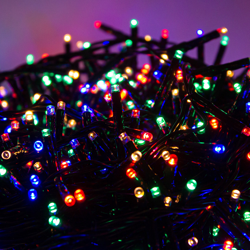 37.5m Length of 3000 Multi Coloured LEDs Multi Action Indoor & Outdoor Premier Cluster Lights Green Cable
