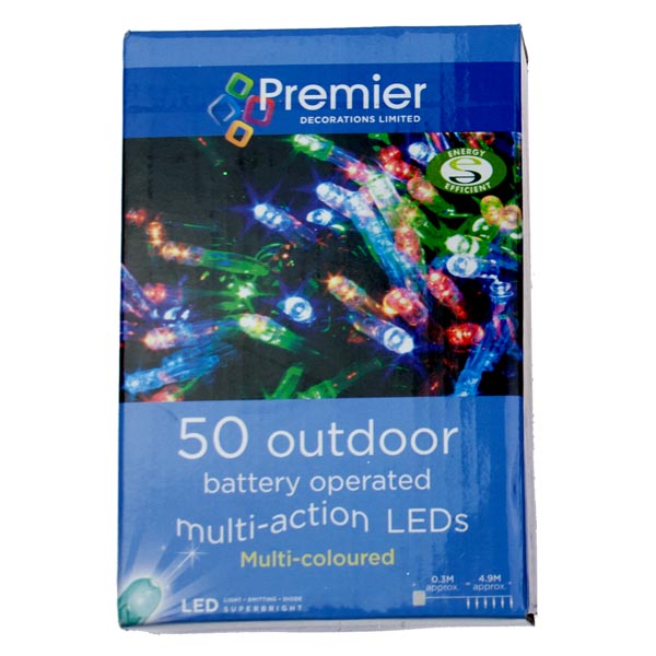 Premier 4.9m Length Of 50 Outdoor Battery Operated Multiaction Multicoloured LED Fairy Lights With Timer Green Cable