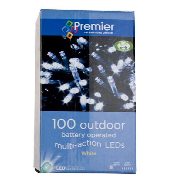 Premier 9.9m Length Of 100 Outdoor White Battery Operated Multiaction LED Fairy Lights With Timer Green Cable