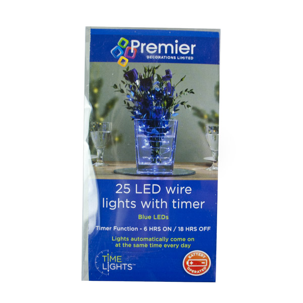 Premier 25 Indoor & Outdoor Waterproof Static 2.5m Set Of Battery Operated Blue LED Fine Wire Lights With Timer