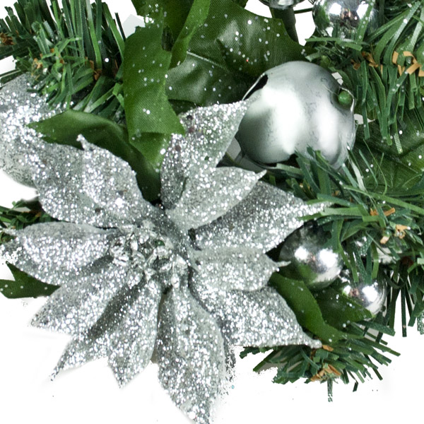 Silver Glitter Finish Poinsettia & Jingle Bell Candle Ring - 3cm