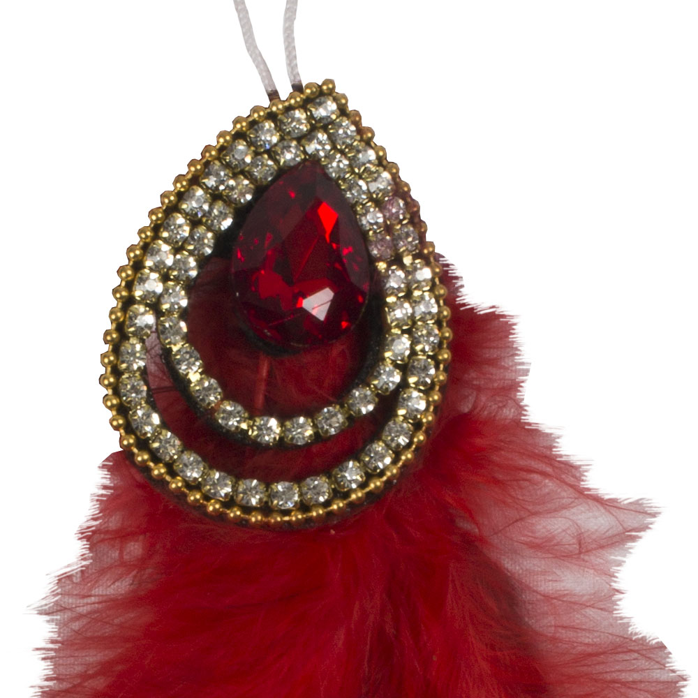 Red Natural Feather Hanging Decoration With Jewel - 7cm X 25cm