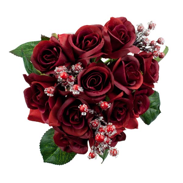 Burgundy Rose Bundle With Frosted Red Berries - 32cm