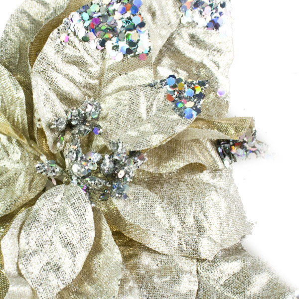 Champagne Gold Fabric & Glitter Poinsettia On Clip - 15cm