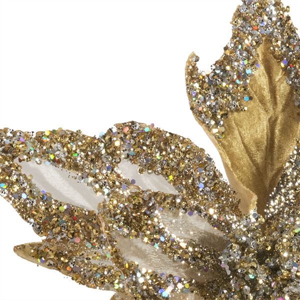 Gold & Platinum Glitter And Beaded Decorative Display Poinsettia On Clip - 40cm