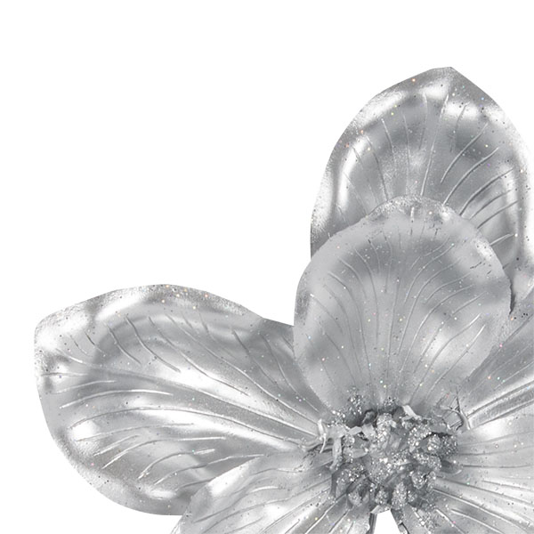 Metallic Finish Silver Magnolia Flower On Clip - 18cm
