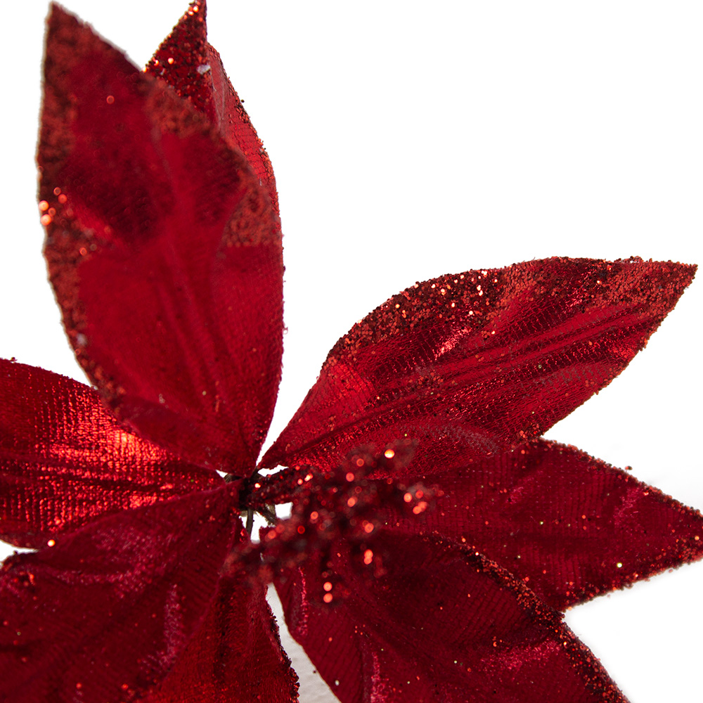Red Metallic & Glitter Poinsettia On Clip - 12cm