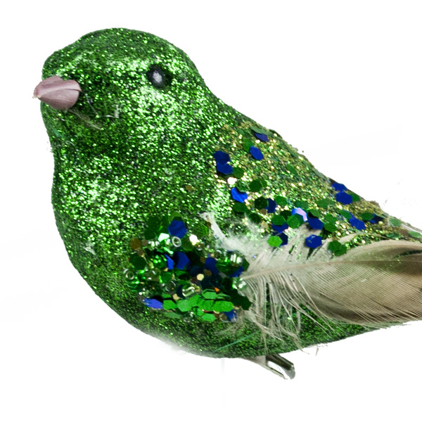 Green Sparkling Glitter Feather Bird Clip - 16cm