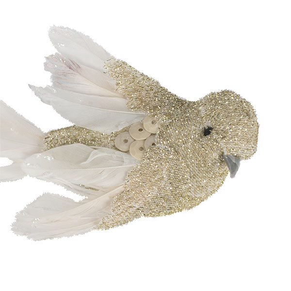 Pearl Glitter & Feather Bird On Clip - 15cm
