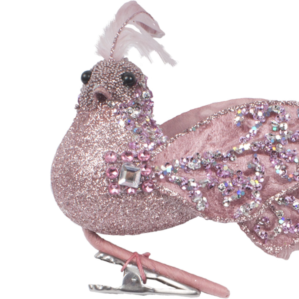 Pink Glitter And Beaded Bird On Clip - 28cm