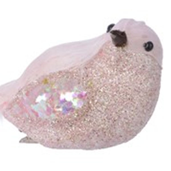 Blush Pink Glitter & Feather Bird On Clip - 16cm