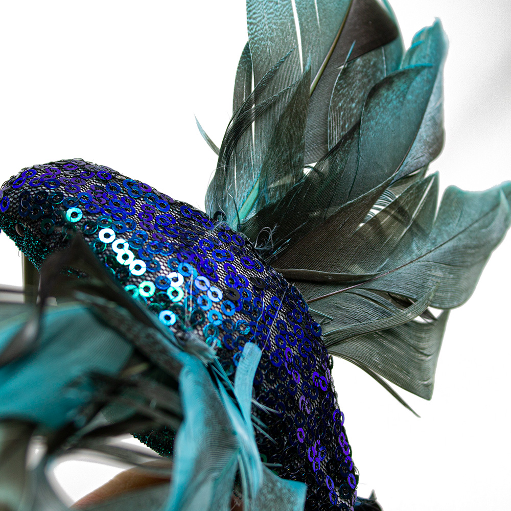 Dark Blue Feather & Sequin Hummingbird On Clip - 23cm