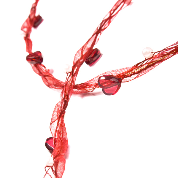 Burgundy Ribbon Of Pearls & Love Hearts Entwined With Delicate Voile - 10m Roll