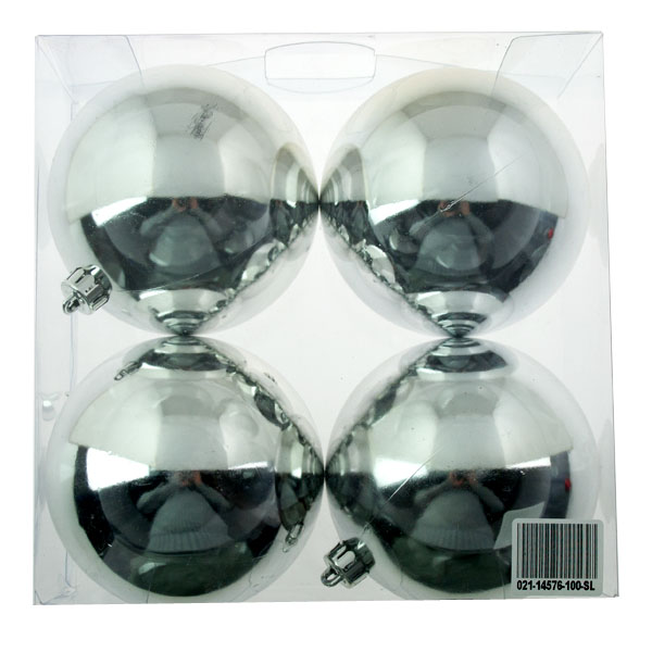Silver Baubles Shiny Shatterproof - Pack Of 4 x 100mm