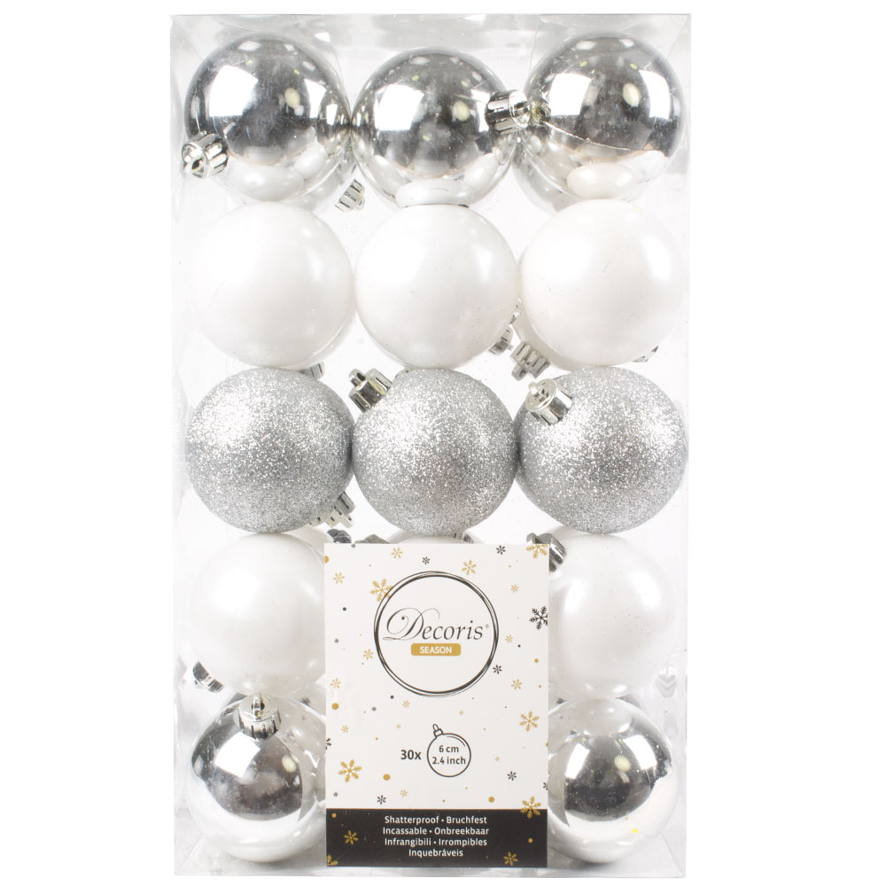 Silver & White Assorted Shatterproof Baubles - 30 x 60mm