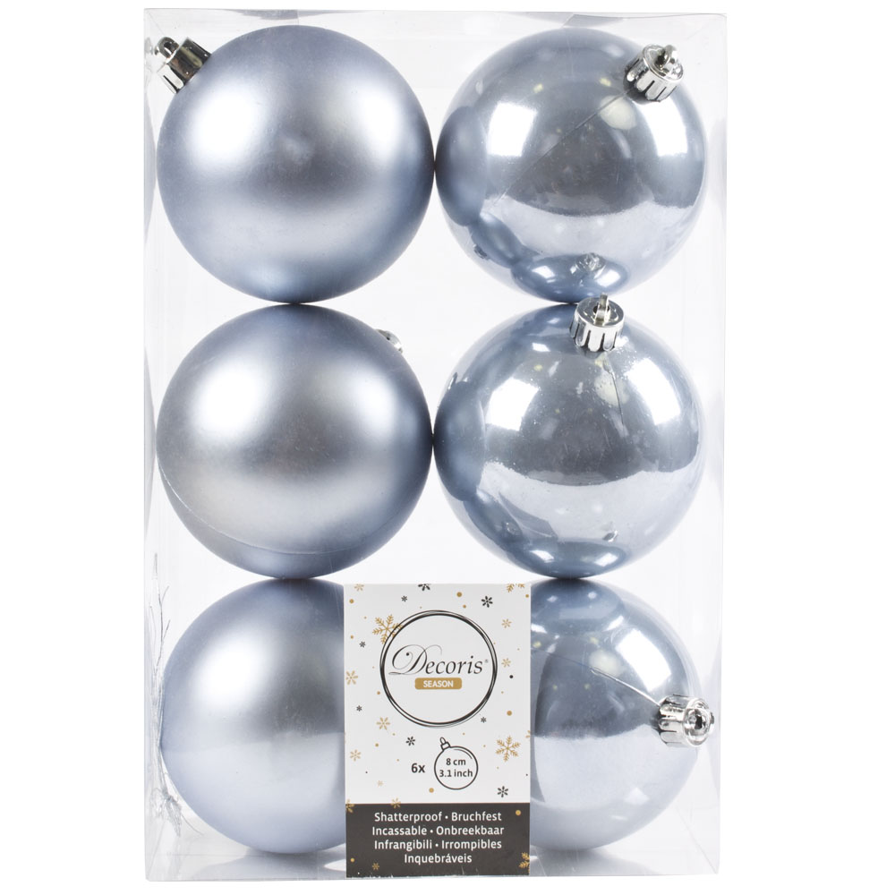 Ice Blue Fashion Trend Shatterproof Baubles - Pack Of 6 x 80mm