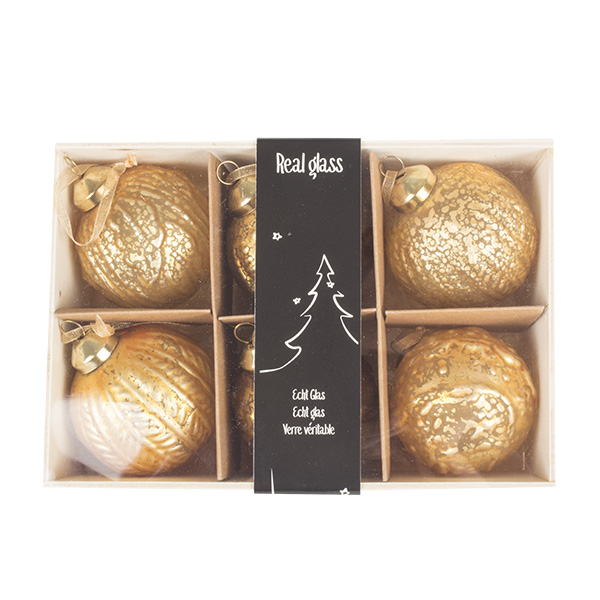 Pack Of 6 Patterned Gold Glass Baubles - 60mm