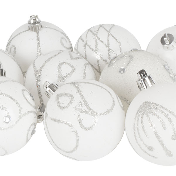 Pack Of White Decorated Shatterproof Baubles - 9 X 60mm